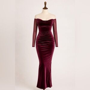 House of CB Leora Mulberry Velvet Off Shoulder Midi Dress | D–E Cup | Corset Fit
